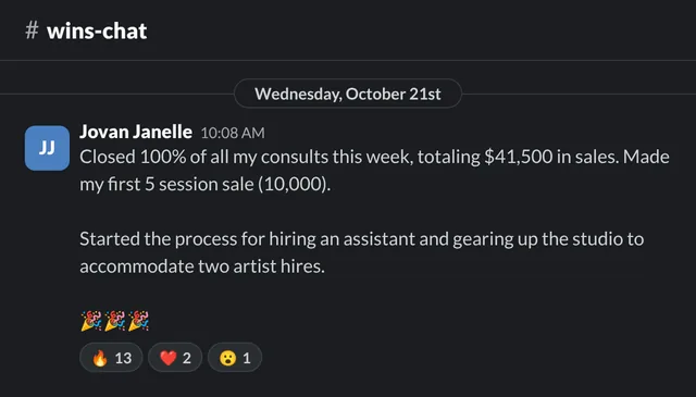 #wins-chat post by Jovan Janelle: closed 100% of consults this week, $41,500 in sales