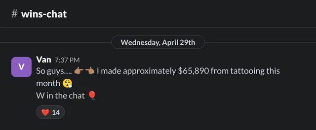 #wins-chat post by Van: made approximately $65,890 this month